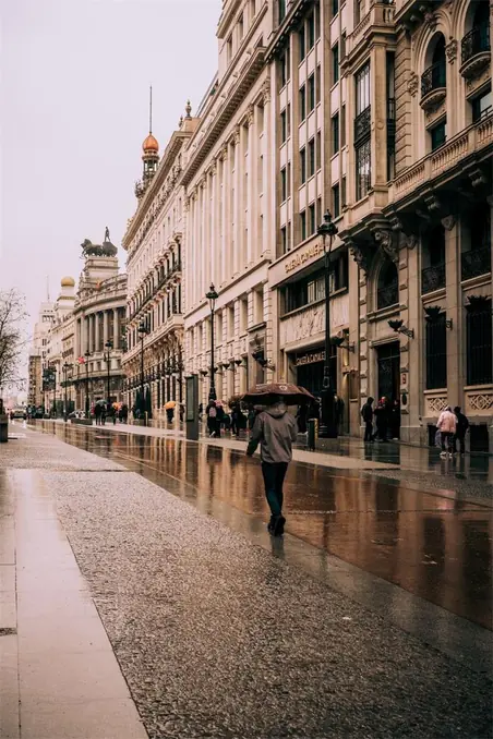 A pedestrian with an umbrella strolls along historic Gran Vía in Madrid on a rainy day.