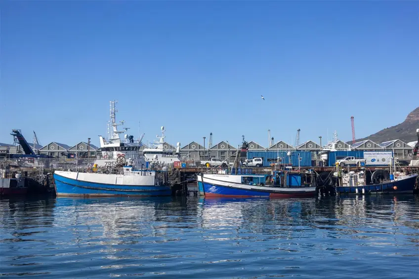 Colorful fishing boats docked at a bustling harbor on a clear day.